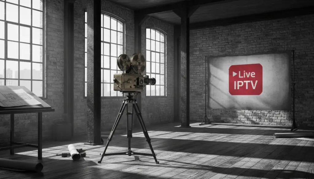 iptv france Projecteur rétro dans un loft industriel en noir et blanc avec un accent rouge sur une icône IPTV.