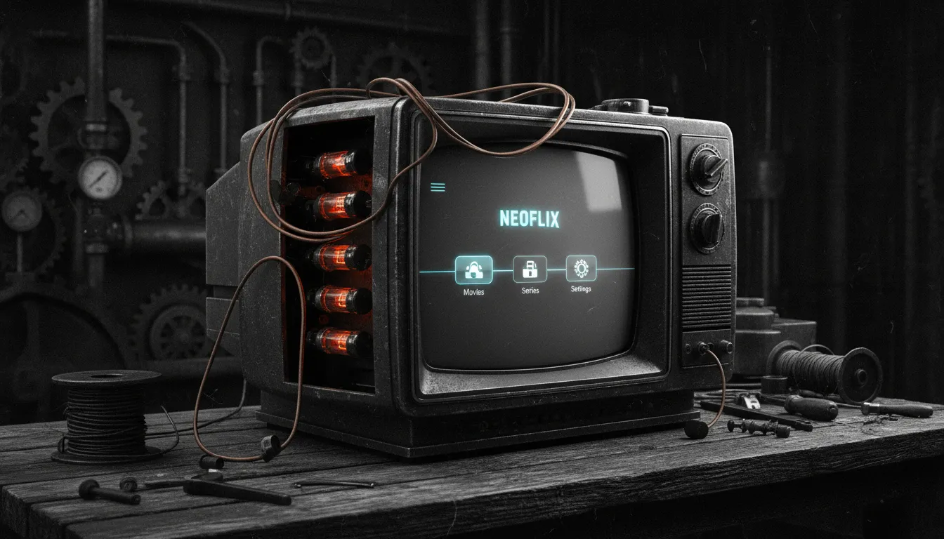 iptv france Téléviseur vintage industriel en noir et blanc avec une lueur bleue montrant une interface IPTV moderne.