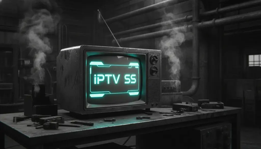 iptv ss Interface moderne de l'application IPTV SS sur un téléviseur industriel rétro en noir et blanc avec accents bleu néon.