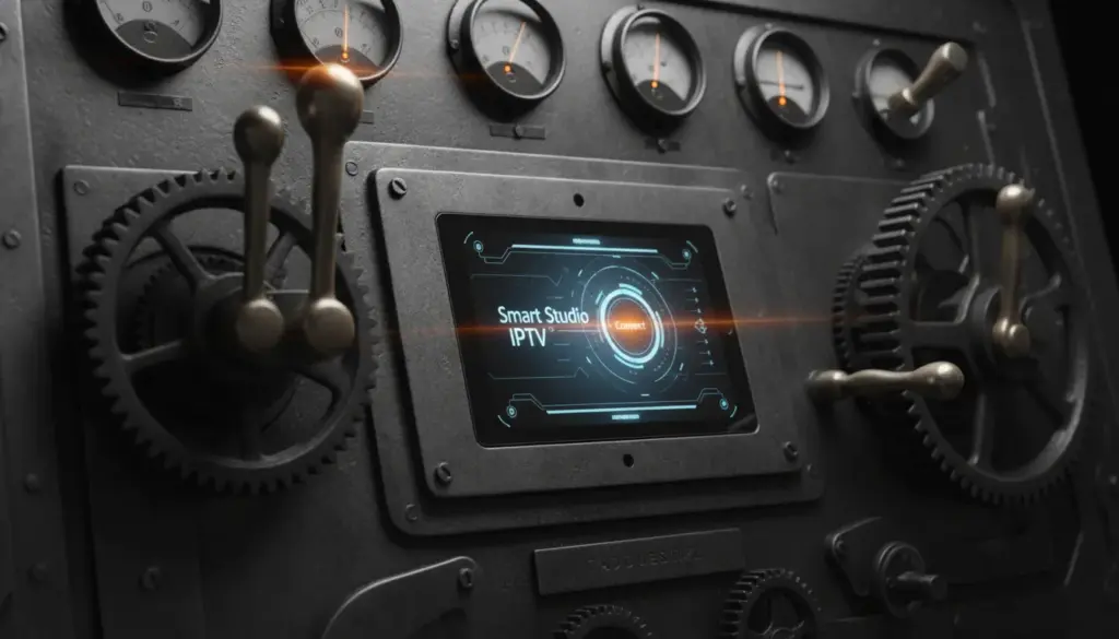 iptv ss Tablette numérique Smart Studio IPTV intégrée dans un panneau de contrôle vintage industriel en noir et blanc avec lumière ambre.