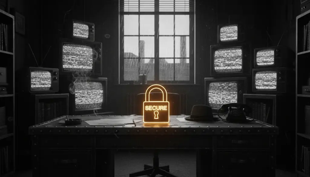 prix iptv Illustration style rétro industriel d'un écran vintage montrant une protection contre les arnaques IPTV avec un cadenas ambré brillant.